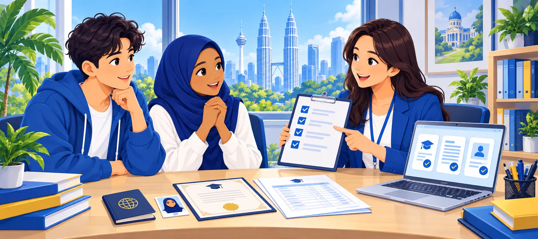 Education consultant helping international students prepare admission documents for Malaysia