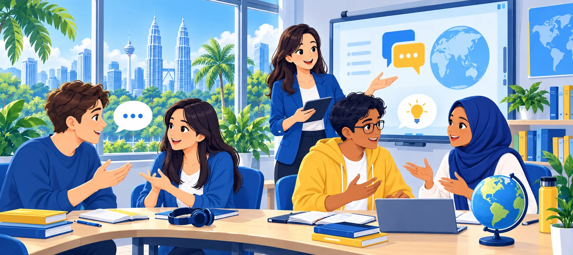 International students practising English in a classroom in Malaysia